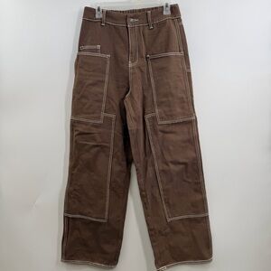 Aaron & Amber Brown Utility Wide Leg jeans L Contrast Stitch Cotton cargo NWT